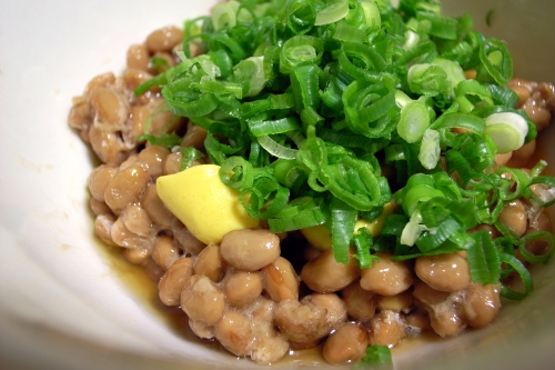Natto is a fermeted soy food, and the source of the blood-thinng systemic enzyme nattokinase.